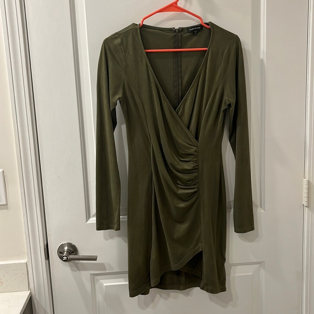 Dark hunter green suede long sleeve dress knee length